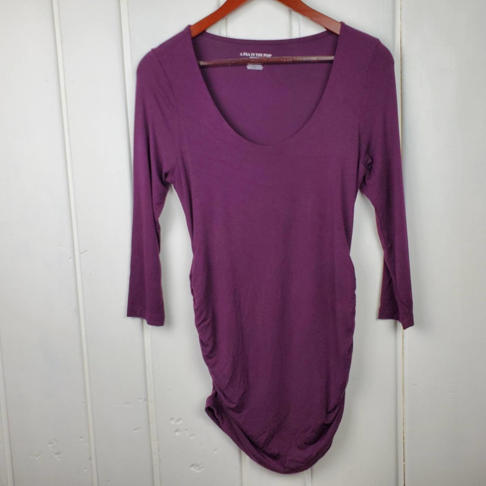 A Pea In The Pod Maternity Medium Plum 3/4 Sleeve Scoop Neck Ruche Side Tunic - Picture 1 of 9